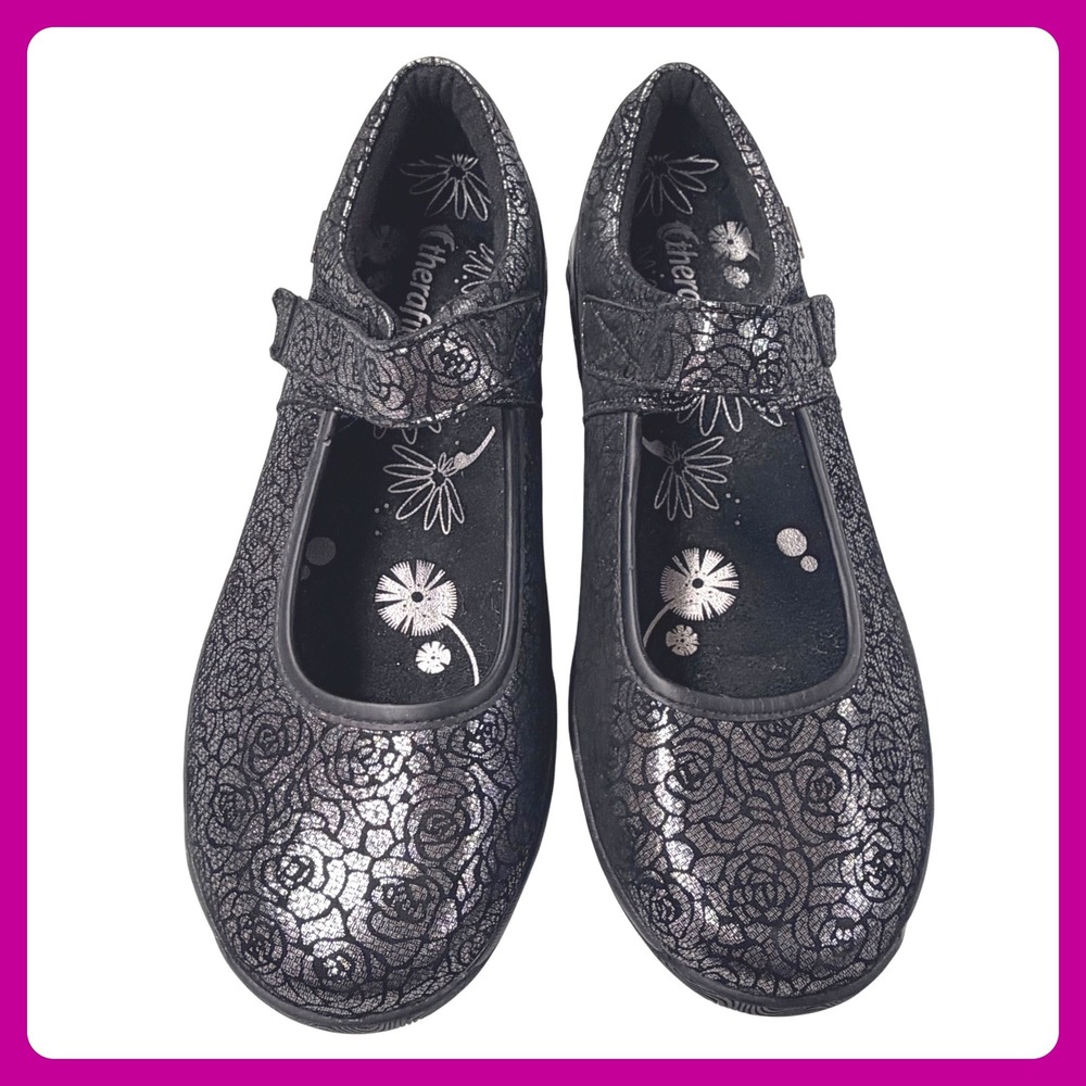 Therafit Valentina Mary Janes Women‎ 10.5 - 11 Pewter Leather Roses Metallic
